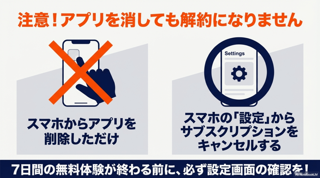 アプリ削除だけでは解約にならない注意喚起と、スマホの設定画面からサブスクリプションをキャンセルする正しい手順。