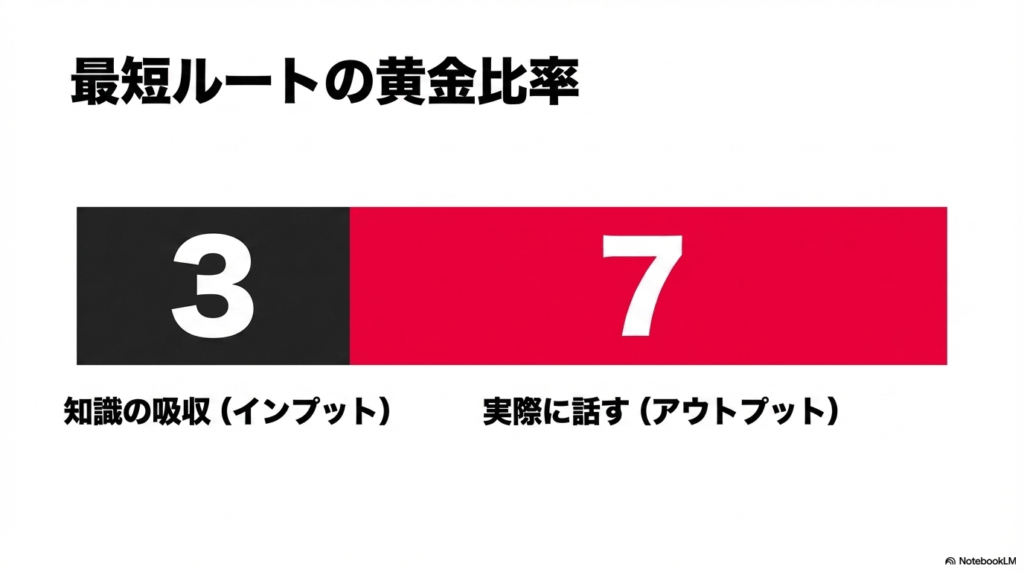 知識の吸収（インプット）3に対し、実際に話す（アウトプット）を7にする英会話習得の黄金比率を示す円グラフ。