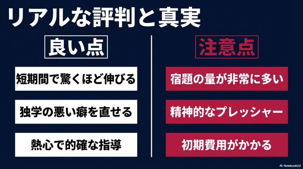 短期間での上達や独学の癖の矯正といった良い点と、宿題の多さや費用などの注意点をまとめた表。