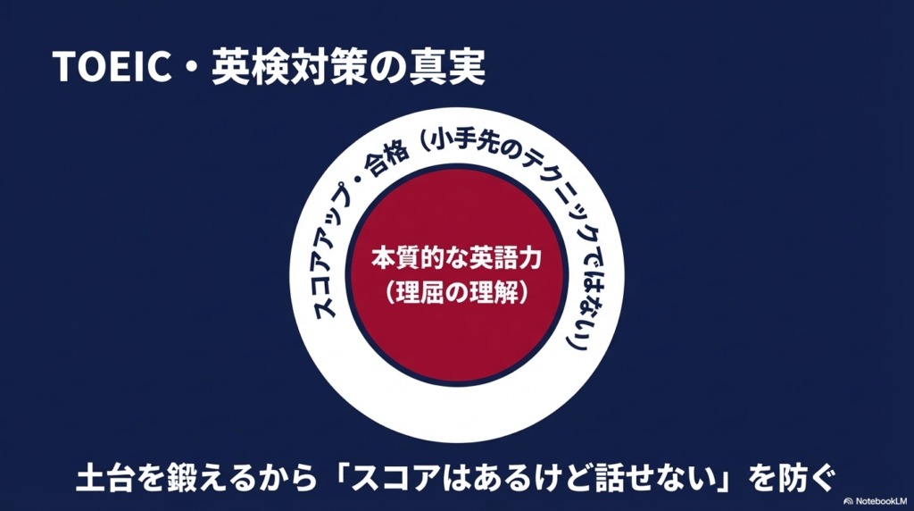 小手先のテクニックではなく、理屈の理解という土台を鍛えてスコアアップを目指す考え方の図解。