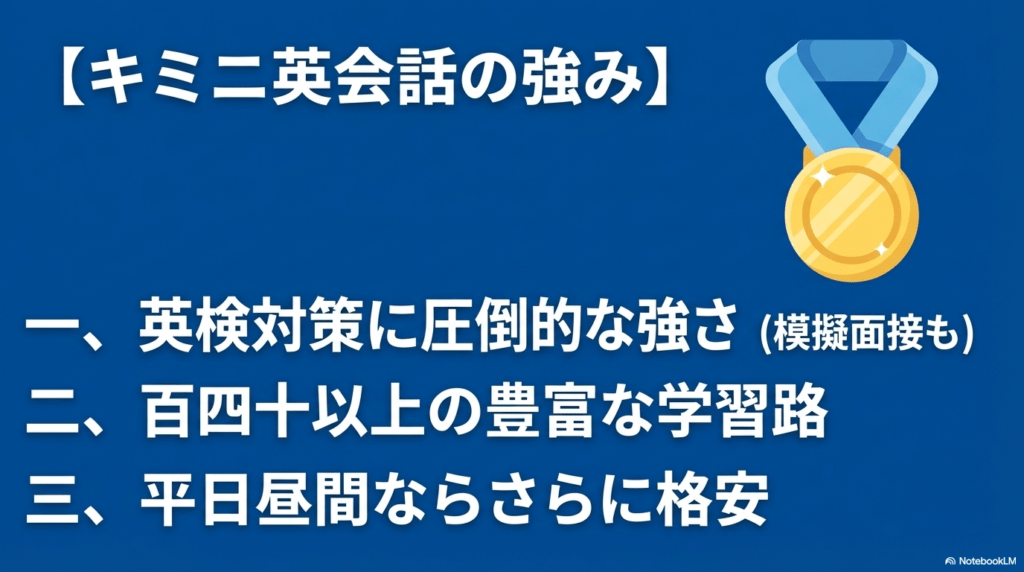 キミニ英会話の強み、英検対策、140以上の学習コース、平日昼間格安の案内