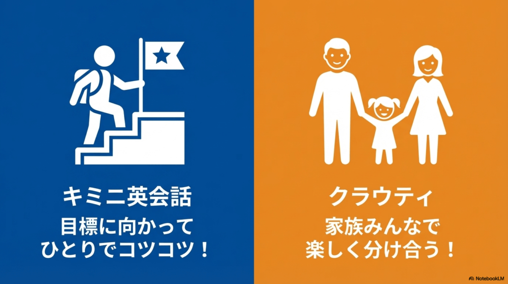 キミニ英会話（ひとりでコツコツ）とクラウティ（家族みんなで楽しく）の比較イメージ