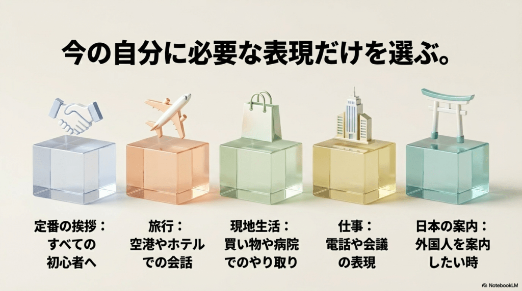 定番の挨拶、旅行、現地生活、仕事、日本の案内の5つの学習カテゴリを示すイラスト。