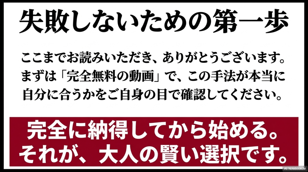 完全に納得してから始めることが大人の賢い選択であると伝え、無料動画を促す結びのスライド。