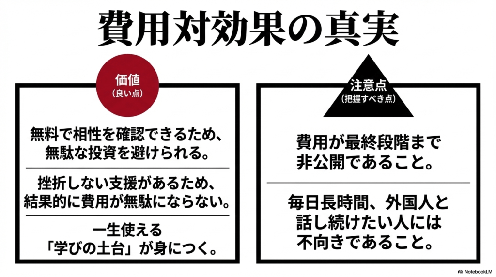 無料で相性を確認できる価値と、費用が最終段階まで非公開である注意点をまとめた図解スライド。