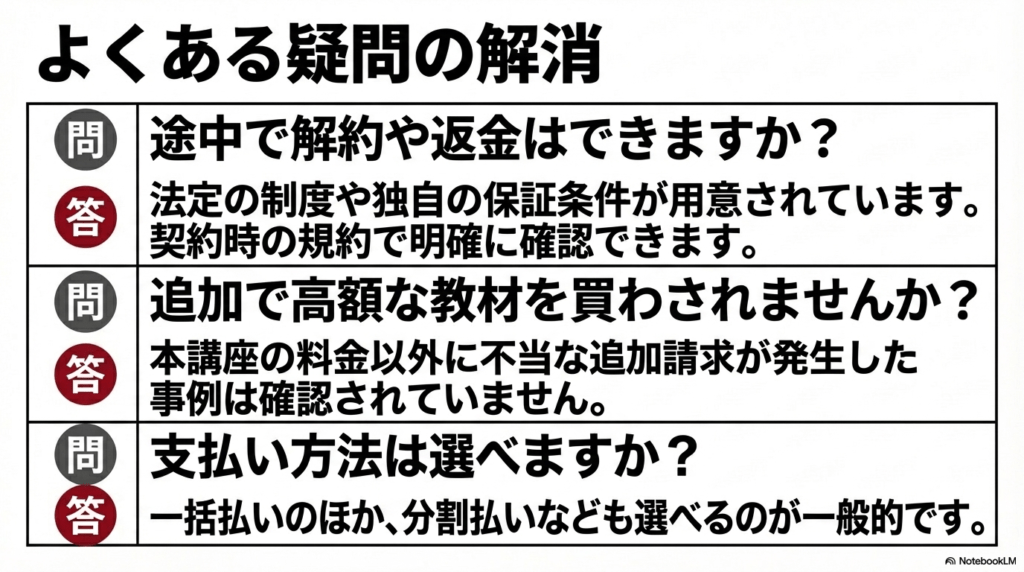 解約・返金制度、追加請求の有無、支払い方法についての疑問に回答するスライド。