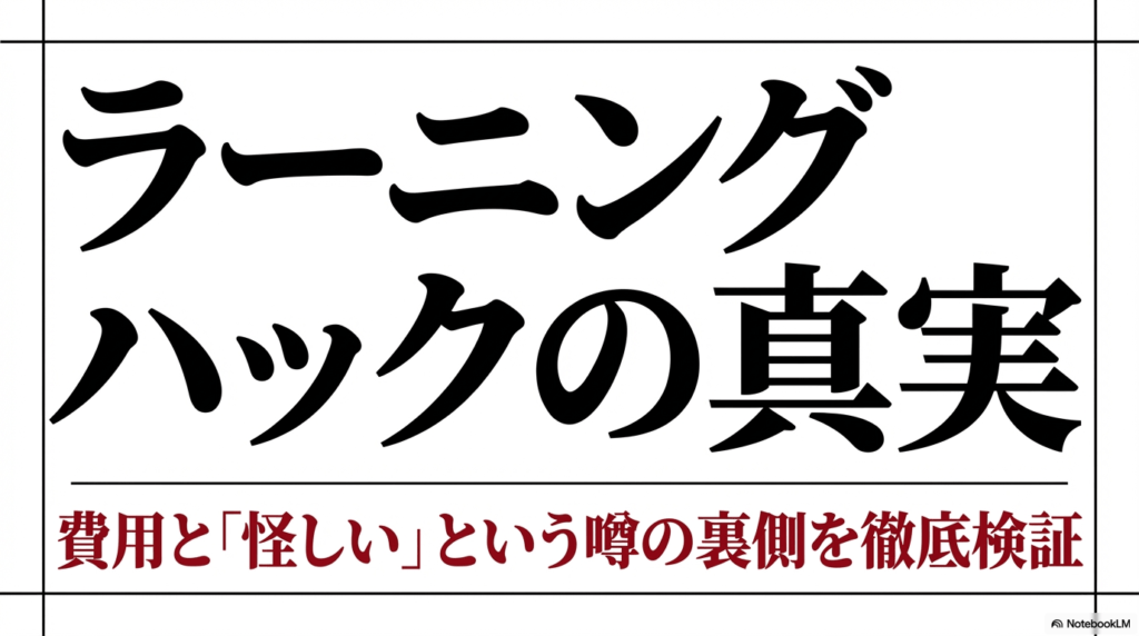 ラーニングハックの真実：費用と「怪しい」という噂の裏側を徹底検証というスライドの表紙画像。