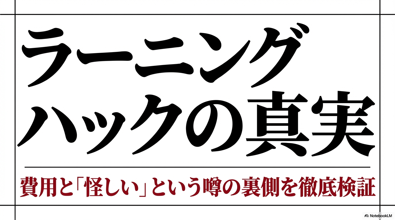 ラーニングハックの真実：費用と「怪しい」という噂の裏側を徹底検証というスライドの表紙画像。