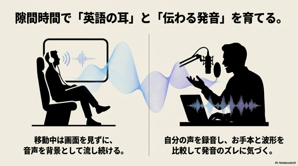 移動中の聞き流しや、録音機能を使ってお手本と自分の声を比較する学習イメージ。