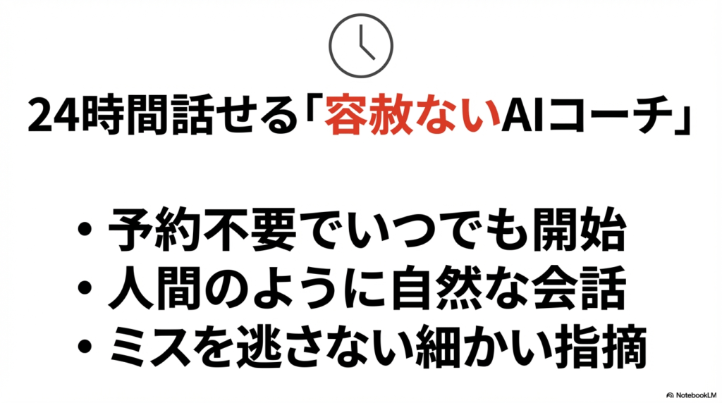 予約不要で24時間いつでも開始でき、ミスを逃さない細かい指摘が特徴のAIコーチ機能の紹介。