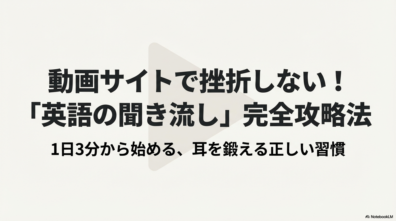 動画サイトで挫折しないための英語の聞き流し完全攻略法。1日3分から始める習慣づくりのタイトルスライド。