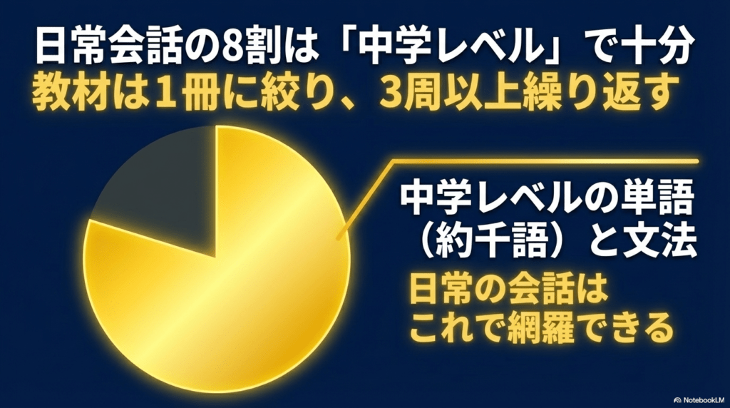 中学レベルの約1,000語の単語と文法で日常会話の8割をカバーできるため、教材を絞って繰り返すべきであることを伝える図解。
