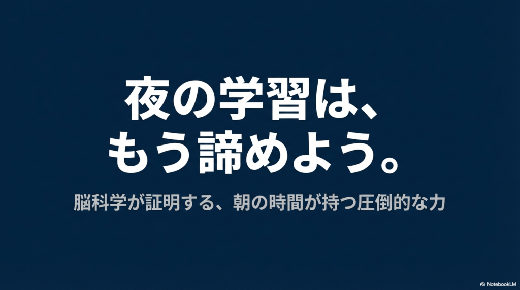 夜の学習を諦め、脳科学的に有利な朝の時間を活用することを提案するスライド。