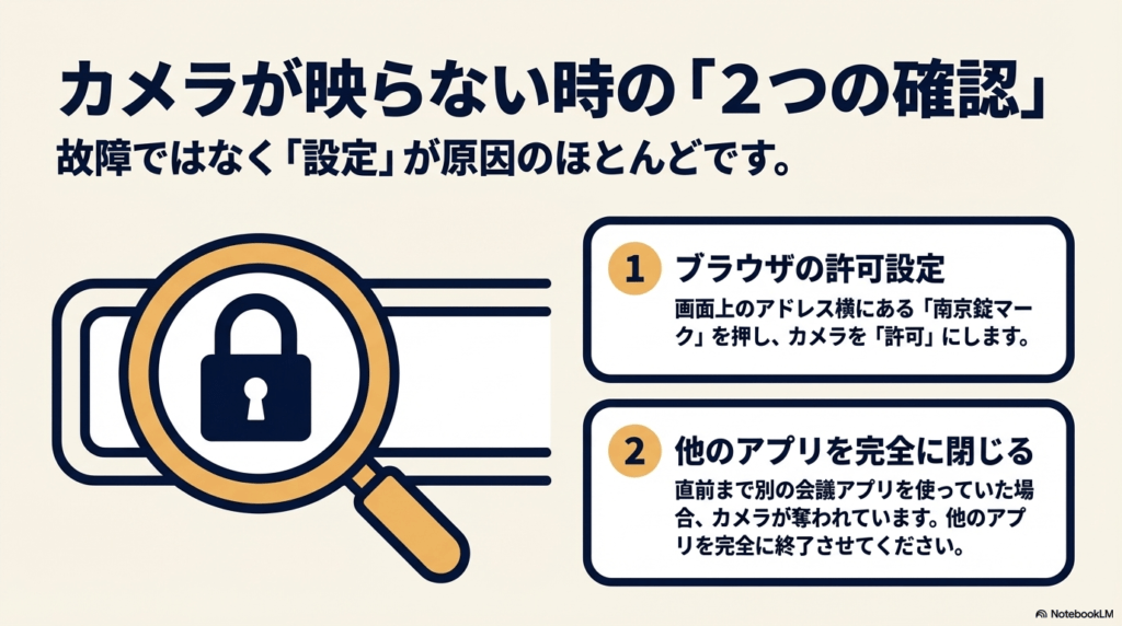 カメラが映らない原因として、ブラウザの許可設定（南京錠マーク）と他のアプリ（Zoom等）との競合を確認するよう促すスライド。