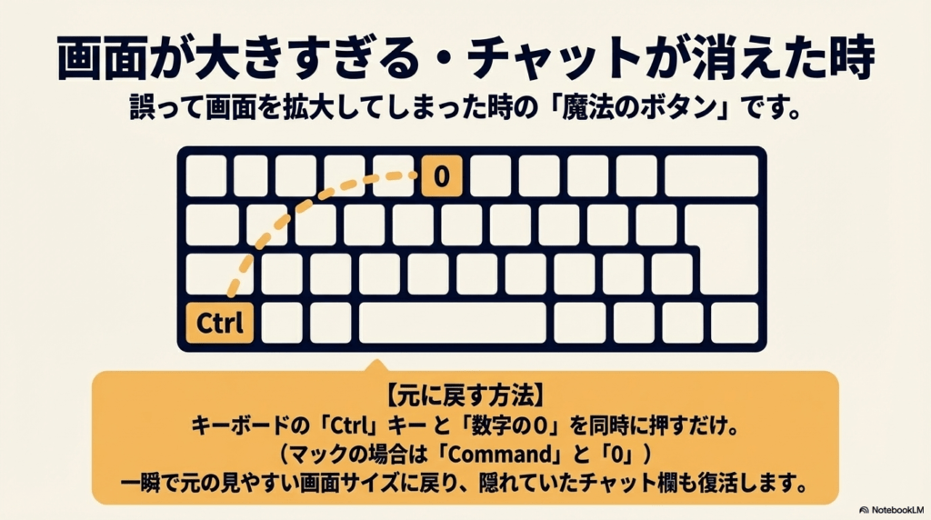 画面が大きすぎたりチャットが消えたりした際、Ctrlキーと0を同時に押して元のサイズに戻す「魔法のボタン」の解説図。