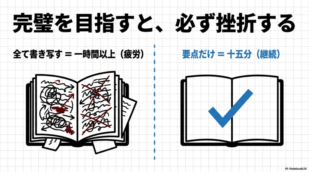 全て書き写すと1時間以上かかり疲労するが、要点だけなら15分で継続できることを示す図解