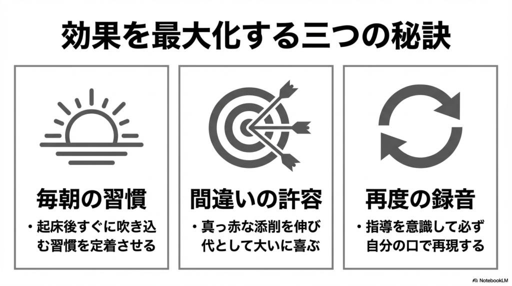 毎朝の習慣化、間違いを前向きに捉える姿勢、指導を意識した再録音という3つの秘訣