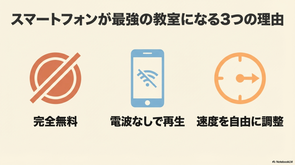 Podcastアプリの3つのメリット(無料、オフライン再生、速度調整)を説明するアイコン付きスライド。