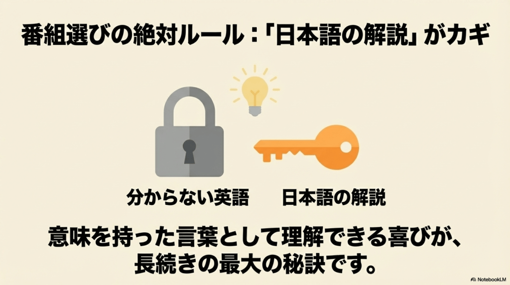 英語を意味のある言葉として理解するために「日本語の解説」付き番組を選ぶ重要性を説明する図。