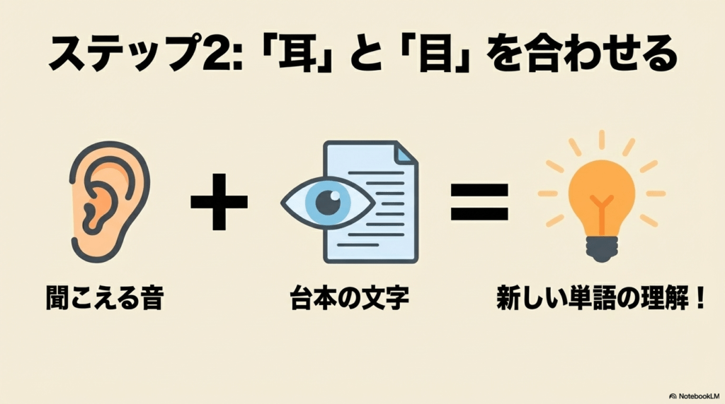 聞こえる音(耳)と台本の文字(目)を合わせることで新しい単語の理解を深めるステップ2の解説。