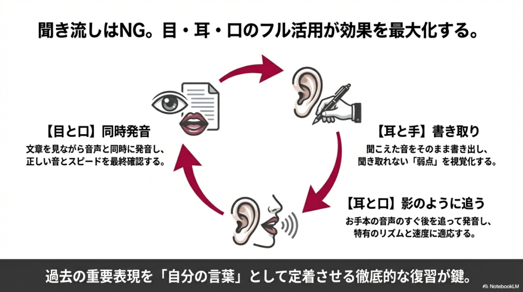 シャドーイングやディクテーションなど目・耳・口をフル活用して上達を加速させる図解スライド