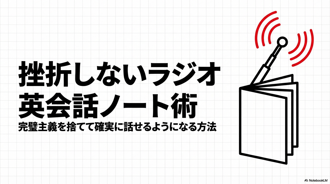 挫折しないラジオ英会話ノート術の表紙。完璧主義を捨てて確実に話せるようになる方法の文字。
