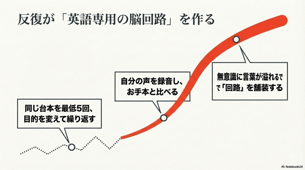 同じ台本を5回繰り返し、自分の声を録音して比べることで無意識に言葉が溢れる回路を作る反復学習法