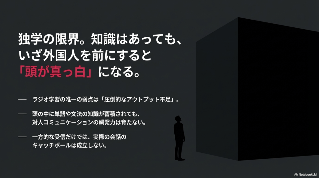 知識の蓄積だけでは対人コミュニケーションの瞬発力が育たない弱点を示すスライド