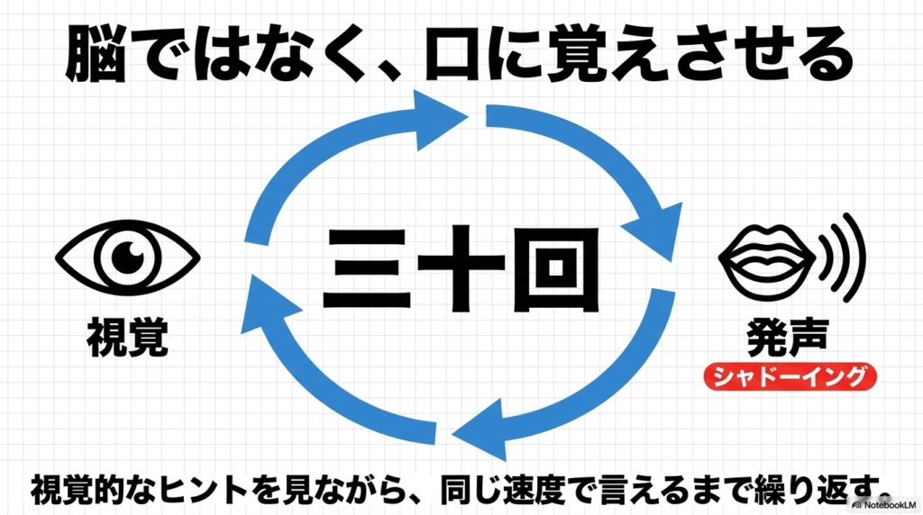 視覚的ヒントを見ながら30回発声・シャドーイングし、口に覚えさせるトレーニングの手順