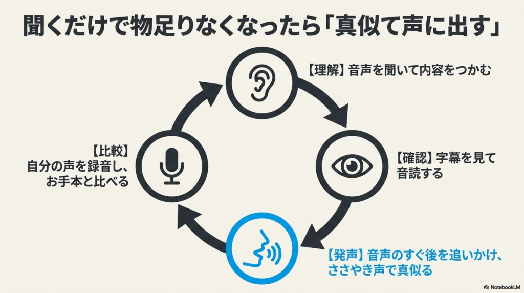 理解、確認、発声、比較のプロセスを経てシャドーイングを行う具体的なトレーニング手順。