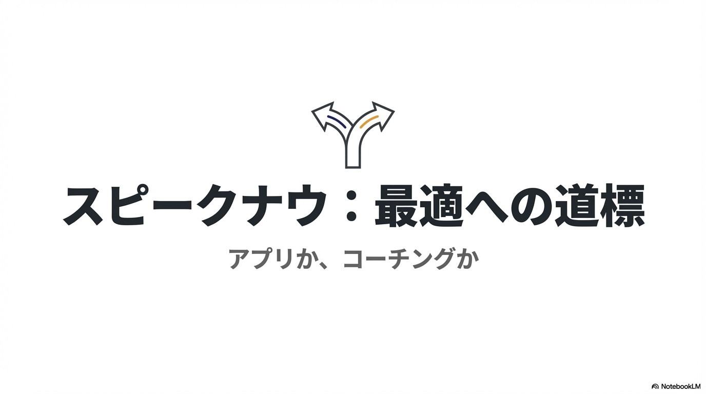 スピークナウのサービス選択の道標として、アプリ版とコーチング版のどちらが最適かを示す導入スライド