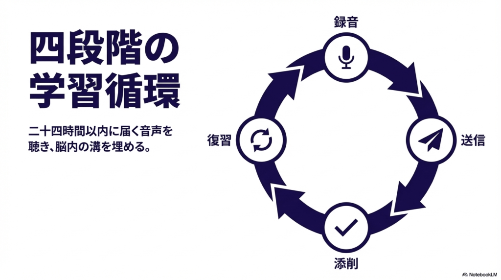 録音、送信、添削、復習という4つのステップを繰り返す学習サイクルの図解