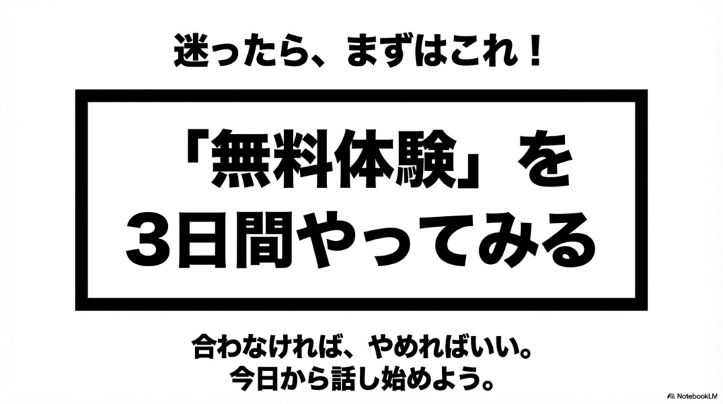 「迷ったら無料体験を3日間やってみる。合わなければやめればいい」という一歩踏み出すことを促すメッセージ。