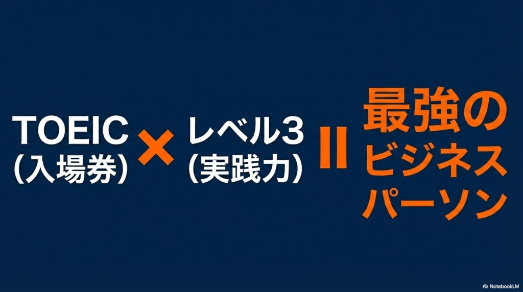 入場券としてのTOEICスコアと、実践力としてのレベル3を掛け合わせ、最強のビジネスパーソンを目指す姿