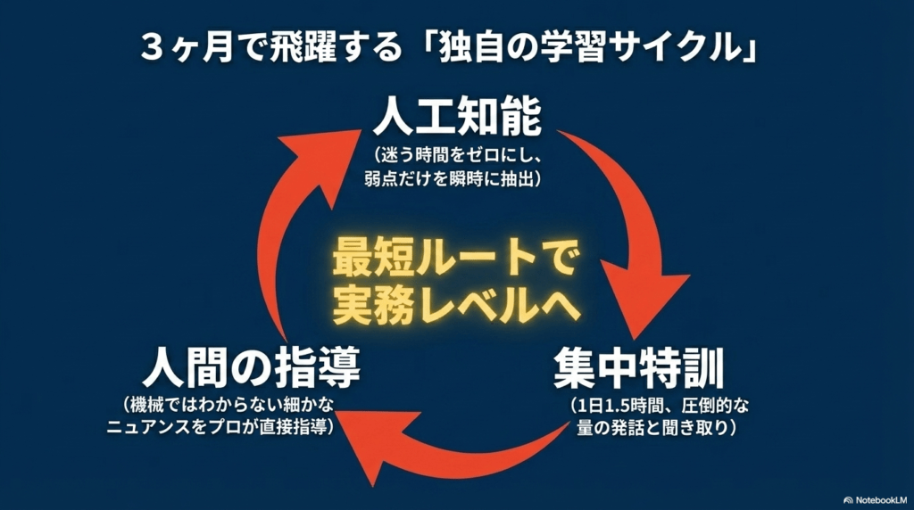 3ヶ月で飛躍するための「独自の学習サイクル」の図解。AIが弱点を抽出し、人間のプロがニュアンスを直接指導し、1日1.5時間の集中特訓で最短ルートを目指す構成。