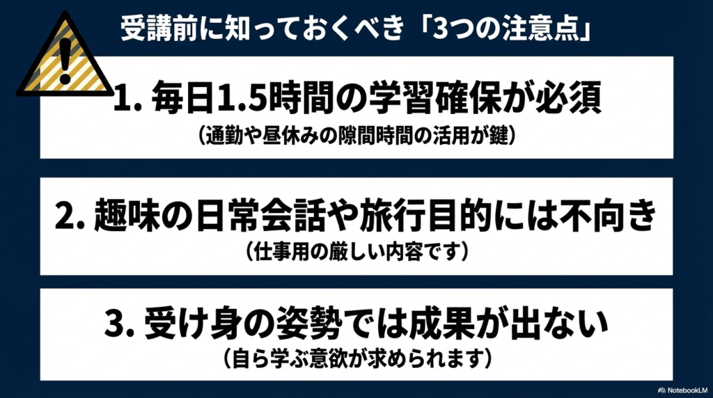 警戒標識のアイコンと共に、1.毎日1.5時間の学習確保、2.趣味目的には不向き、3.受け身の姿勢はNG、という3つの受講上の注意点を記載したスライド。