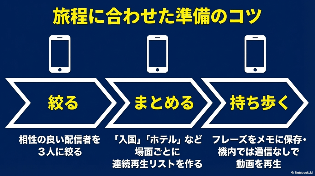 配信者を絞る、プレイリストをまとめる、メモやオフライン再生で持ち歩くという3つの準備のコツ