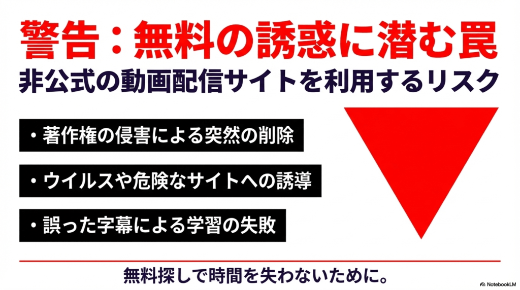 非公式動画サイトを利用するリスク（著作権侵害による削除、ウイルス感染、誤った字幕など）を警告する赤い逆三角形のアイコン付きスライド。
