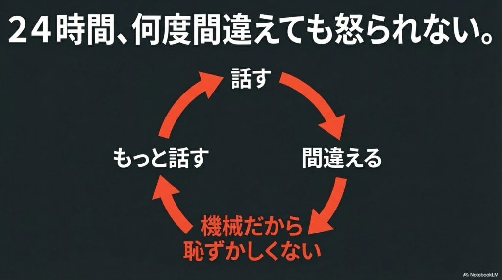 AIは機械なので24時間何度間違えても恥ずかしくないことを説明する図解