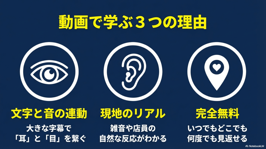  文字と音の連動、現地のリアルな反応、無料で見返せるという動画学習3つの理由の図解 