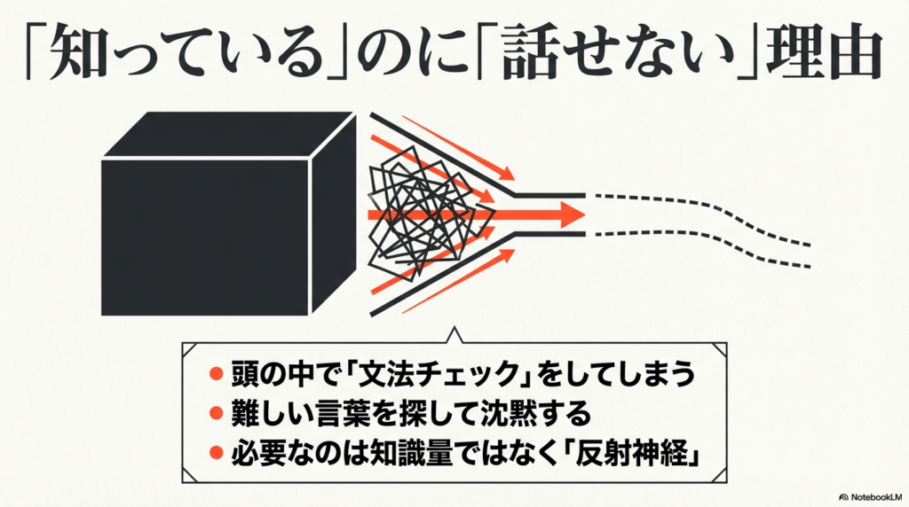 英語の知識はあるのに話せない理由が、脳内での文法チェックや難しい言葉探しによる停滞であることを示すスライド画像