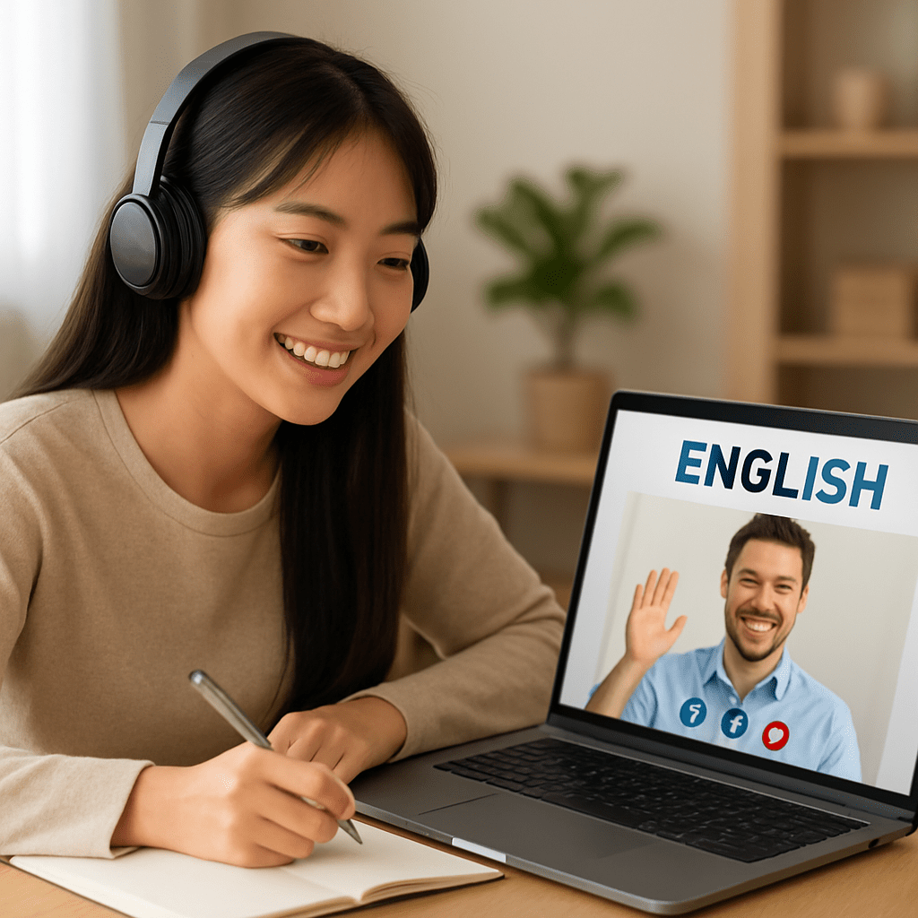 明るく心地よいリビングのデスクで、ノートパソコンを使って楽しそうにオンライン英会話レッスンを受けている若く親しみやすい日本人女性の写真。ワイヤレスヘッドホンを装着し、ノートにメモを取っている。パソコンの画面には笑顔の外国人講師が映っている。