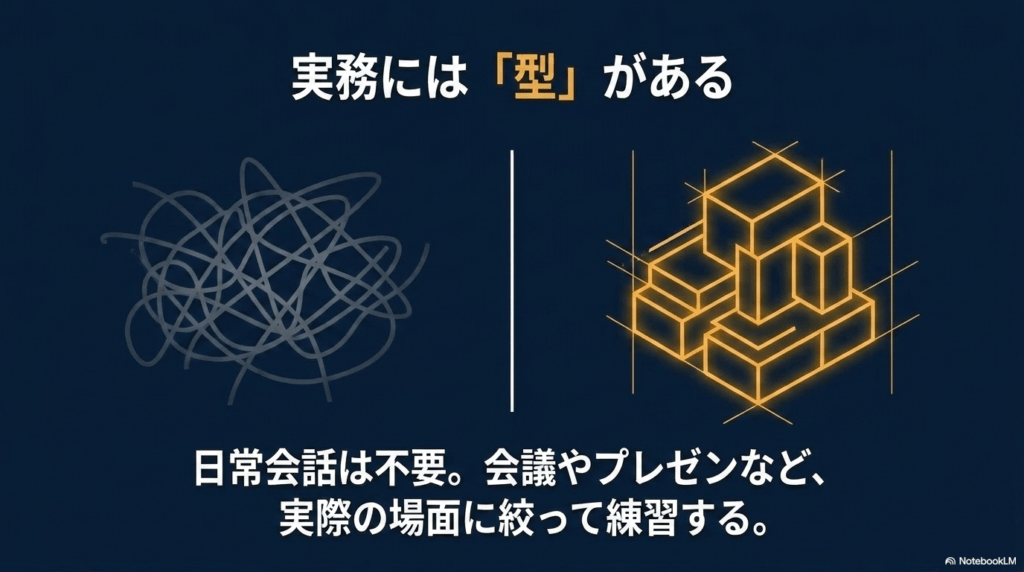 実務には型がある。日常会話ではなく会議やプレゼンなど実際の場面に絞って練習することを示す図解