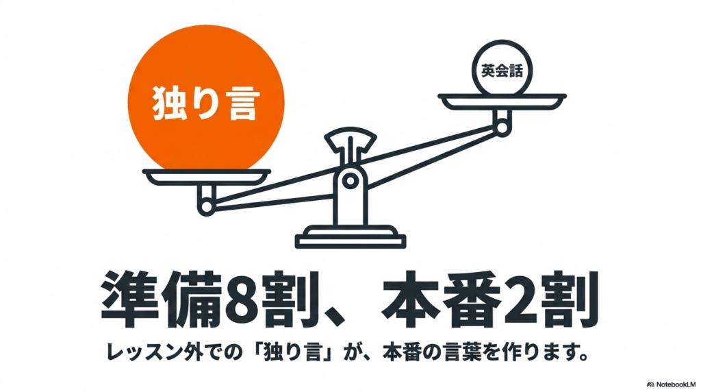 天秤のイラストで表現された、レッスン外での独り言の準備が8割、本番の英会話レッスンが2割という理想的な学習バランス
