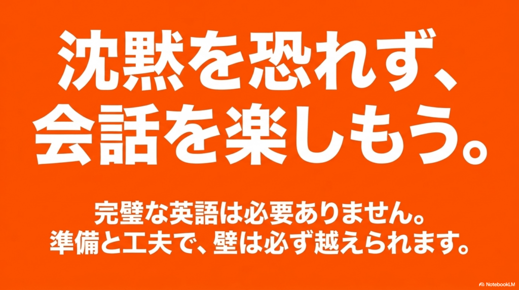 完璧な英語は必要なく、準備と工夫で壁を乗り越えて英会話を楽しもうというメッセージスライド