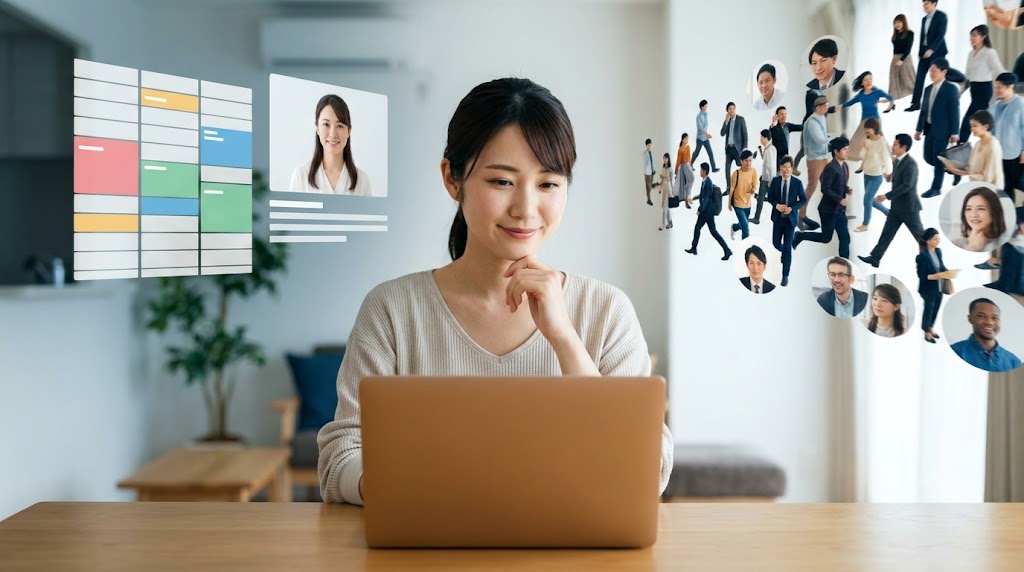 DMM英会話とネイティブキャンプのどちらを選ぶか迷う日本人女性学習者と、それぞれのサービスの特徴(計画性対即時性)を対比させるイメージ画像。
