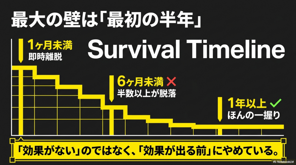 オンライン英会話を始めてから1ヶ月未満、3ヶ月未満、6ヶ月未満、1年以上における離脱率の目安と学習者の心理状態をまとめたグラフスライド