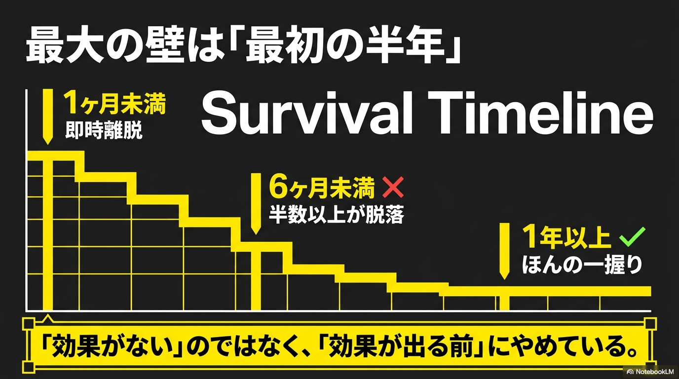 オンライン英会話を始めてから1ヶ月未満、3ヶ月未満、6ヶ月未満、1年以上における離脱率の目安と学習者の心理状態をまとめたグラフスライド