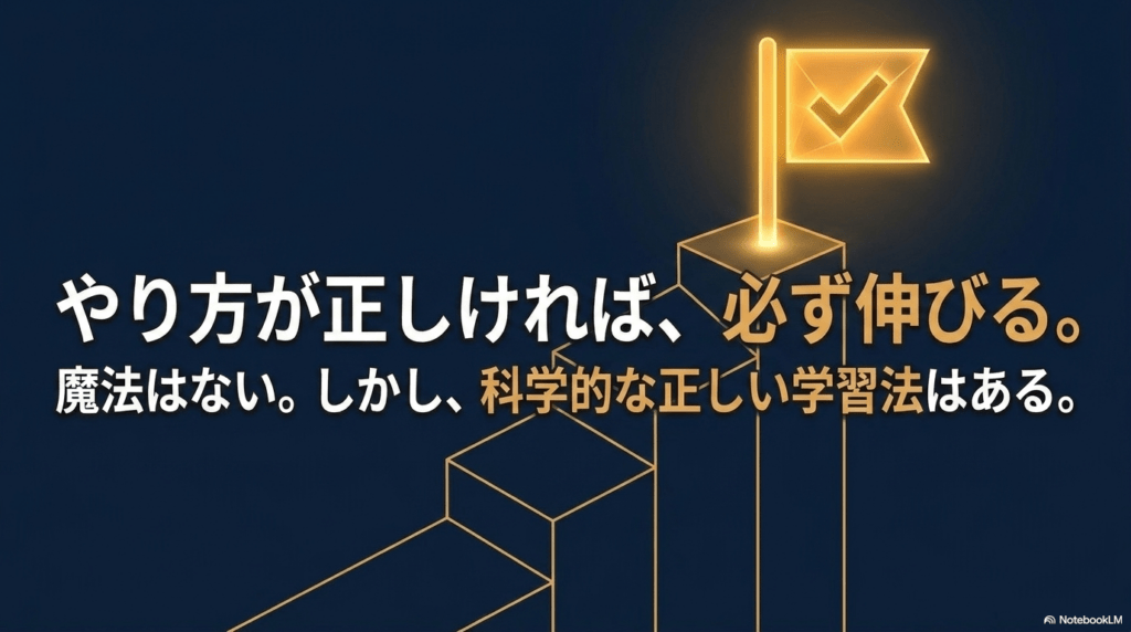 やり方が正しければ必ず伸びる。魔法はないが、科学的な正しい学習法はあるというメッセージ