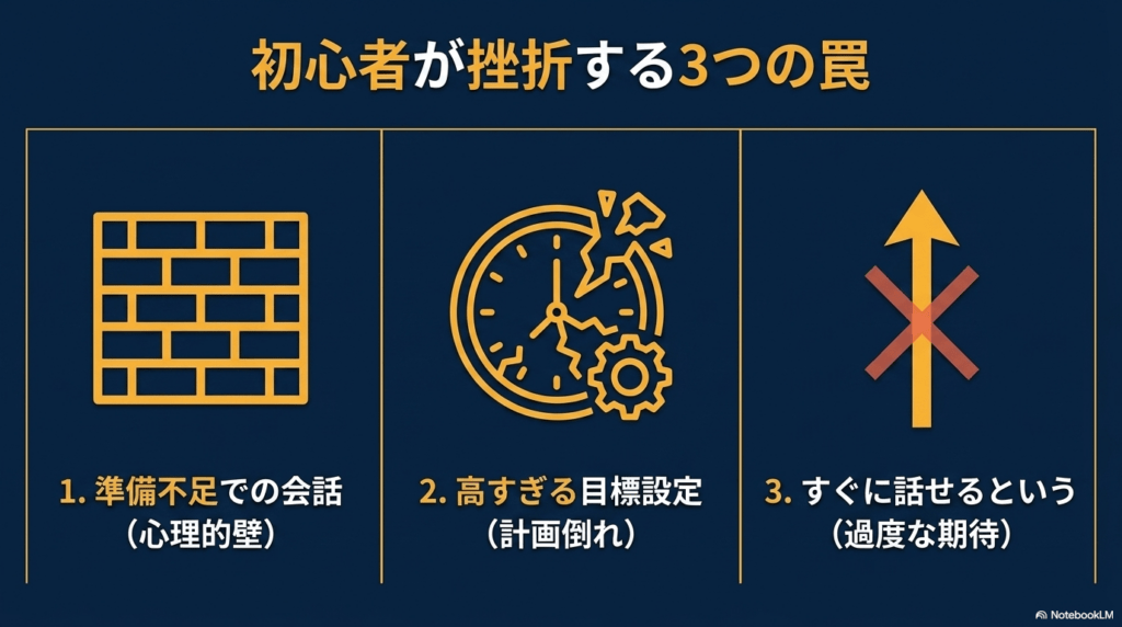 初心者が挫折する3つの罠である「準備不足での会話」「高すぎる目標設定」「すぐに話せるという過度な期待」を示すアイコン